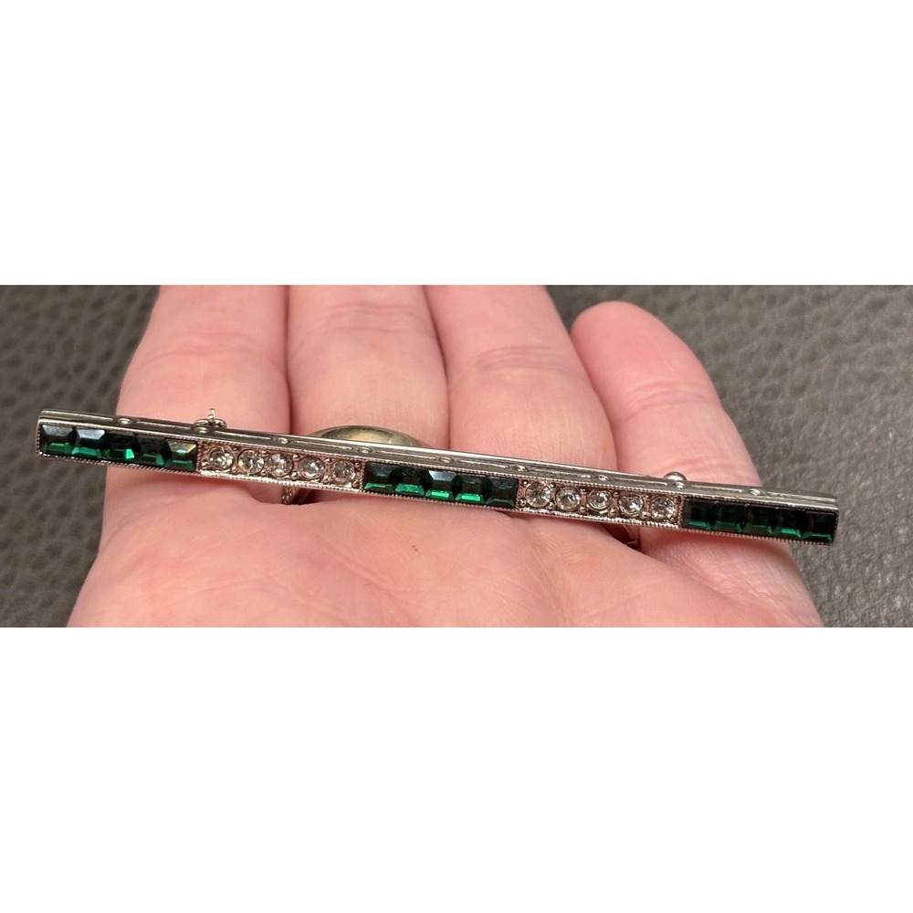 VTG Carolee Art Deco Style Bar Brooch Green Clear Rhinestones Silver Tone